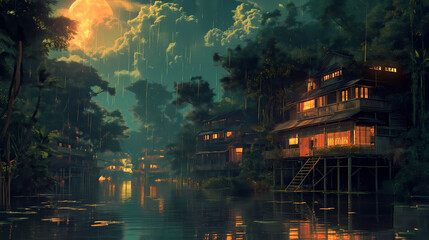 A digital painting of a village on a river in the middle of a jungle. The village is made up of wooden houses on stilts. It is raining and the moon is full. - Powered by Adobe