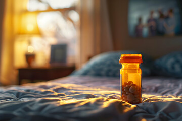 A pill bottle of antidepressants standing at the edge of a bedside table, with a blurred photograph of loved ones in the background.