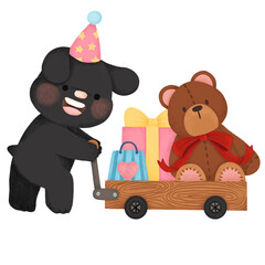 A black puppy is pulling a wagon full of presents and a teddy bear