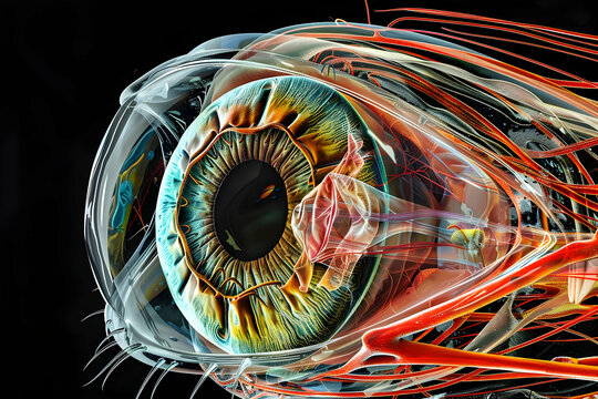 3d realistic MRI scan of the human eye from a frontal perspective, focusing on the anterior and posterior chambers, and showcasing the lens's position relative to the cornea and retina.