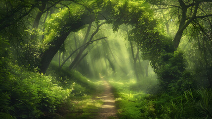 A serene forest path winding through a dense, green woodland, inviting exploration and adventure.Earth day. Save Planet. Green jungle.