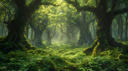 A mystical grove hidden within the forest, where ancient trees are covered in vibrant moss and surrounded by a carpet of lush undergrowth. Green forest. Earthday concept.  - obrazy, fototapety, plakaty