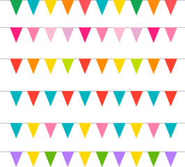 Triangular flag garland. Vector isolated illustration on white background. Bunting flag. Birthday und Party design