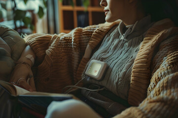 A person sitting in a cozy living room, reading a book with a heart monitor device attached to their chest