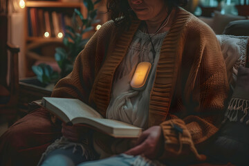 A person sitting in a cozy living room, reading a book with a heart monitor device attached to their chest
