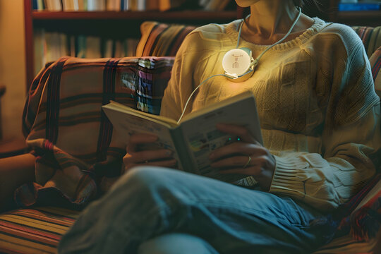A person sitting in a cozy living room, reading a book with a heart monitor device attached to their chest