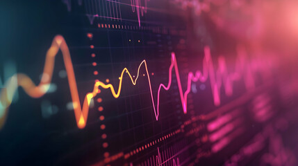 An illustration depiction of a modern cardiac monitor screen displaying detailed heart beating waves against a dark background. - obrazy, fototapety, plakaty