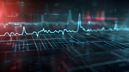 An illustration depiction of a modern cardiac monitor screen displaying detailed heart beating waves against a dark background. - obrazy, fototapety, plakaty