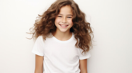 Fototapeta premium Smiling teenage girl in a white T-shirt on a white background mockup. Childhood lifestyle concept. Mockup&nbsp;copy&nbsp;space