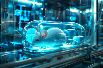 A futuristic laboratory scene, where a genetically modified, bioluminescent laboratory mouse glows softly within a transparent, airtight glass habitat. To experiment new medicine and new vaccines.