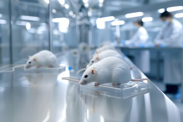 Fototapeta na wymiar A group of laboratory mice, each in its own sophisticated glass enclosure, on a clean, stainless steel table in a high-tech research facility.