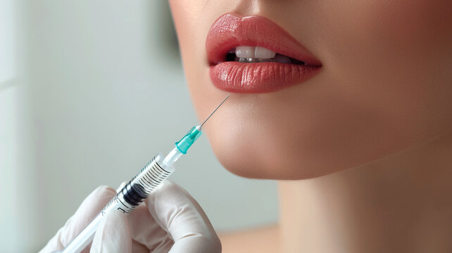 close-up, female lips. Surgeon, in medical gloves, carefully and slowly injects hyaluronic acid into woman's lips with a syringe. lip augmentation procedure. beauty injections. Plastic surgery.