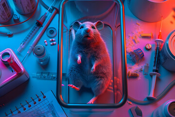 Overhead view of a laboratory bench, where a single, intelligent-looking laboratory mouse stands on its hind legs, peering curiously. Waiting to be experiment by scientists.  - obrazy, fototapety, plakaty