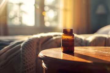 A small pill bottle of Antidepressants on a wooden bedside table, with soft morning light streaming through a nearby window medical.Depression pills. 