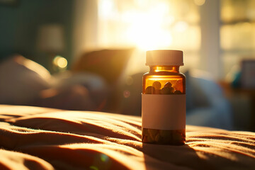 A small pill bottle of Antidepressants on a wooden bedside table, with soft morning light streaming through a nearby window medical.Depression pills.  - obrazy, fototapety, plakaty