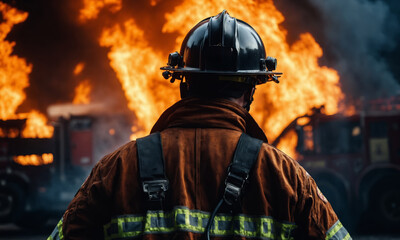 Firefighter in uniform and helmet standing in fire fighting action, close-up