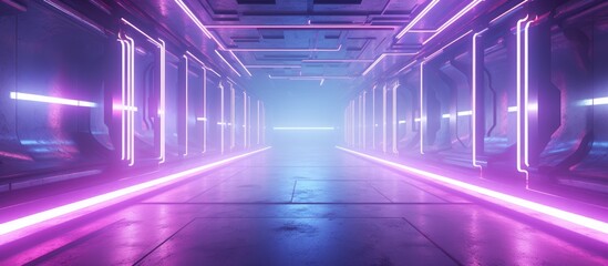 Fototapeta premium A long hallway filled with abstract concrete futuristic sci-fi interior design elements. The walls are lined with pink and violet glowing neon tubes,