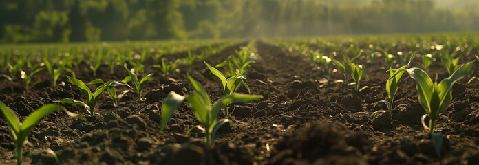Rows of corn sprouts. Agricultural field. Banner slider horizontal template. Blurred background. - 754174135