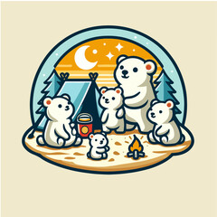 cute family white polar bear camping in the forest-vector illustration summer holiday adventure- tent, campfire, tent,moon