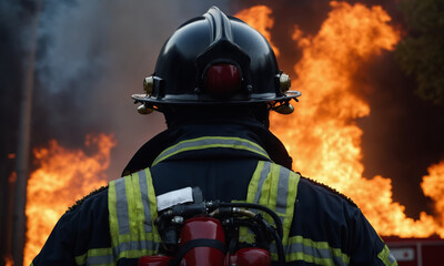 Firefighter in front of a huge fire, view from the back