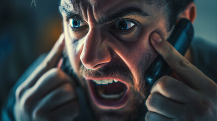 Angry man yelling into phone intensely. - obrazy, fototapety, plakaty