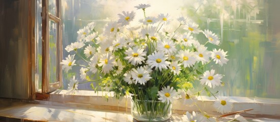 A painting featuring a large bouquet of daisies in an aluminum vase placed on a windowsill. The evening sunlight illuminates the scene,