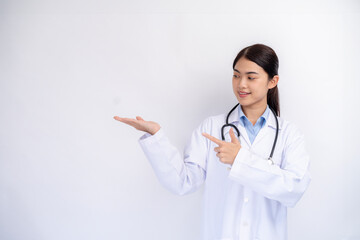 Doctor showing choice between two objects on white background