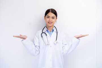Doctor showing choice between two objects on white background
