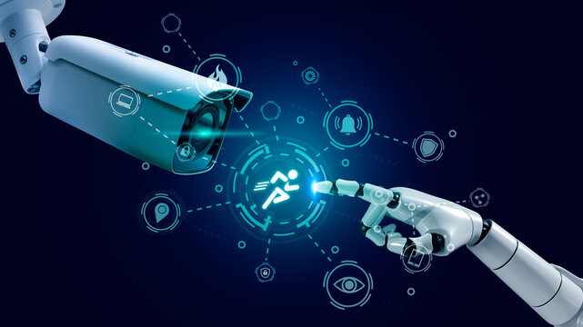 Robot point to IP Wifi wireless CCTV support hi technology internet installation signal security system and monitoring by motion detection program infographic alarm is home security system concept.