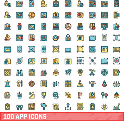 100 app icons set. Color line set of app vector icons thin line color flat on white