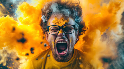 Man screams with colorful explosion behind. - obrazy, fototapety, plakaty
