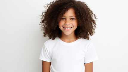 Smiling teenage girl in a white T-shirt on a white background mockup. Childhood lifestyle concept. Mockup copy space. African girl model