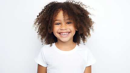 Smiling teenage girl in a white T-shirt on a white background mockup. Childhood lifestyle concept. Mockup copy space. African girl model - Powered by Adobe