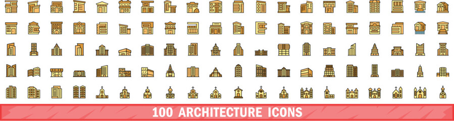 100 architecture icons set. Color line set of architecture vector icons thin line color flat on white
