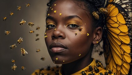 beautiful young african american woman with golden make up and bees flying around - obrazy, fototapety, plakaty