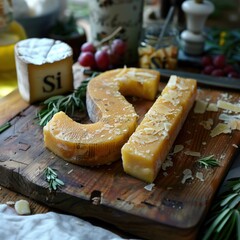 Sí al queso La palabra SÍ ensamblada a partir de queso. El queso está doblado en la figura de la inscripción sí. El queso realmente quiere gustarte y decirte sí. Signos positivos del queso. - obrazy, fototapety, plakaty