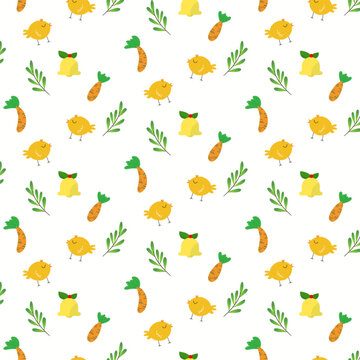 Vector hand drawn chicks carrots  seamless pattern spring aester background