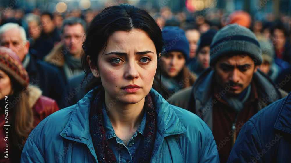 Poster portrait of beautiful sad depressed looking woman with black hair blue eyes surrounded by crowd of people in the street