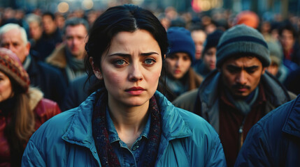 Fototapeta premium portrait of beautiful sad depressed looking woman with black hair blue eyes surrounded by crowd of people in the street