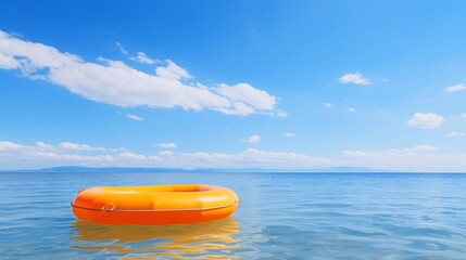 Obraz na płótnie Canvas 青い空と水に浮かぶボート、余白・コピースペースのある背景