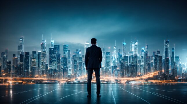 Guy standing in front of digital cityscape with blueprints overlay at night