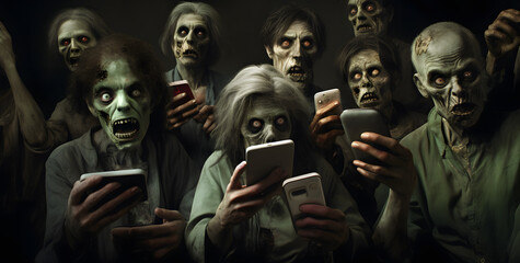 Zombies using a cell phones illustration