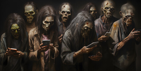 Zombies using a cell phones illustration