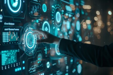 Business professional interacting with futuristic interface
