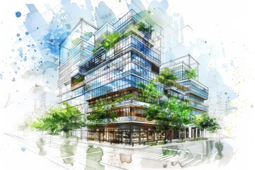 Artistic architectural rendering of a modern eco friendly building