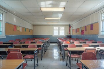 Empty Classroom Interior with Desks and Chairs in School, Bulletin Boards and an American Flag