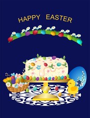 Easter composition with Easter eggs, cake and spring flowers - 754176529