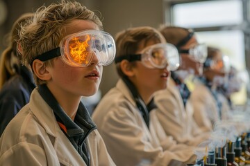 Young Students in Lab Coats Engaged in Exciting Science Experiment with Protective Goggles