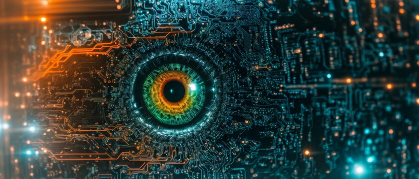 Intricate digital code and circuitry graphics overlay a human eye 