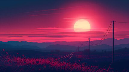 Digital painting of a sunset over a mountain range. The sky is a gradient of pink and purple, with a large white sun setting in the center - Powered by Adobe